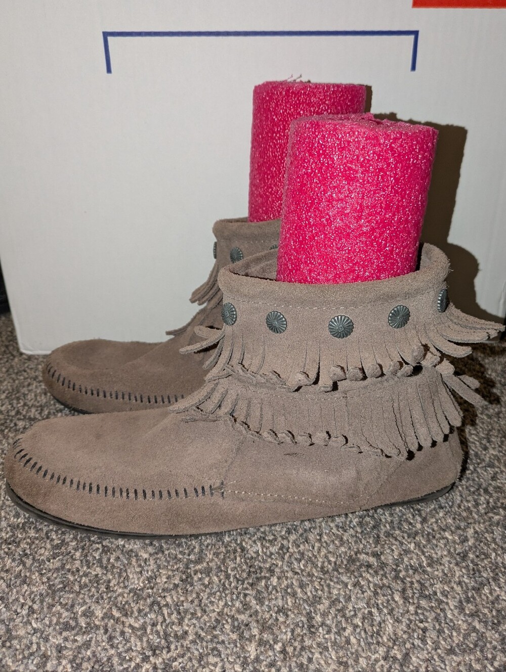 Minnetonka Taupe Suede Double Fringe Moccasins